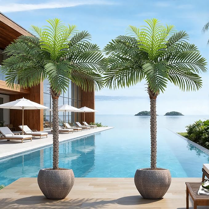 7ft Tall Artificial Phoenix Palm Tree for Outdoor Indoor Decor, Large Faux Coconut Silk Palm Tree Tropical Fake Tree Perfect for Outside Patio Poolside Home Office Decor (Set of 2)