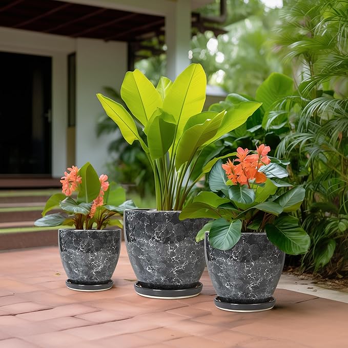 Ceramic Pots for Plants - 10+8+6 Inch Modern Flower Pot for Indoor Outdoor, Round Planters with Drainage Holes and Trays, Office Garden Living Room Decor, Housewarming Gifts, Set of 3, Grey