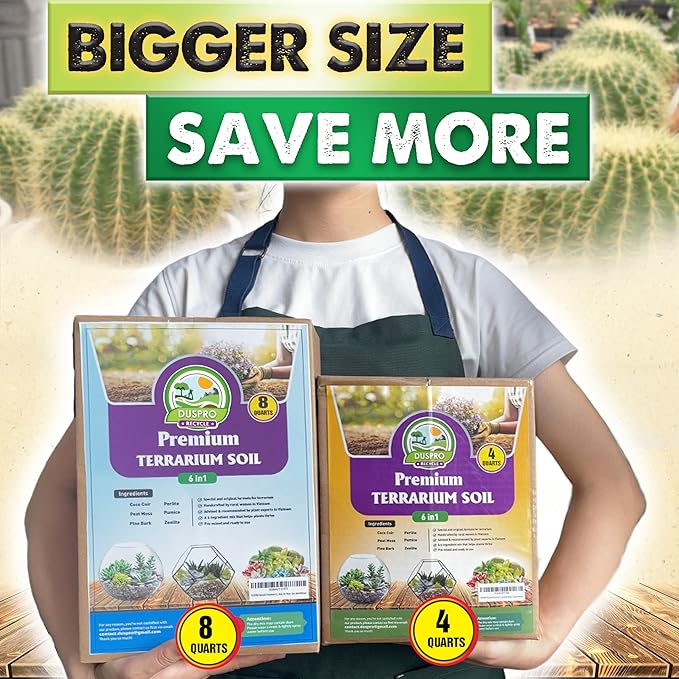 DUSPRO Recycle Premium 6in1 Terrarium Soil Mix – Pre-Mixed Terrarium Substrate Mix for Terrariums, Balanced Moisture Growing Medium with Coco Coir, Peat Moss, Pine Bark, Perlite, Pumice & Zeolite 8QRT