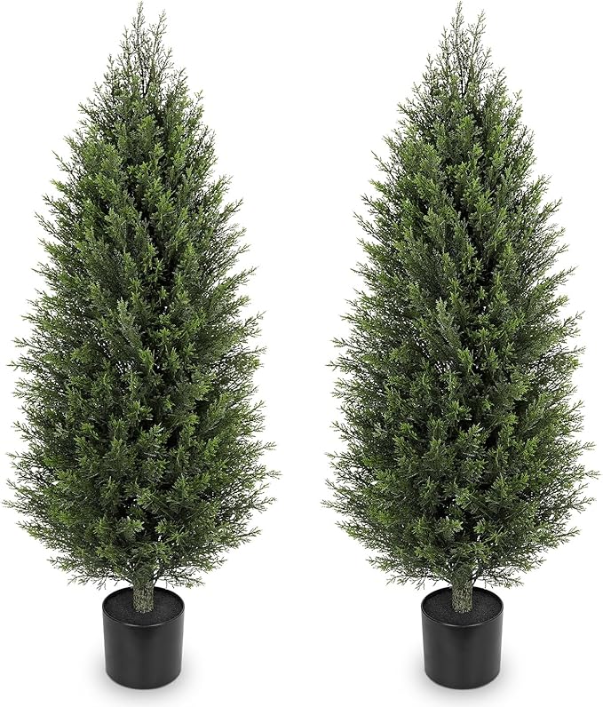 Hollyone Artificial Topiary Cedar Trees 4FT Tall Faux Cedar Cypress Plants Tree Fake Pine Shrubs Plant Potted for Outdoor Indoor Front Porch Home Living Room Decor, Set of 2