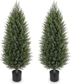 Hollyone Artificial Topiary Cedar Trees 4FT Tall Faux Cedar Cypress Plants Tree Fake Pine Shrubs Plant Potted for Outdoor Indoor Front Porch Home Living Room Decor, Set of 2