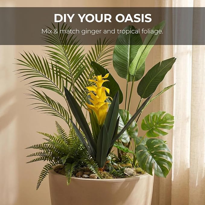 2Pcs Artificial Bromeliad Plants, 18" Fake Hawaiian Ginger Flower,Large Real Touch Faux Tropical Flowers, Lifelike Exotic House Plants for Home Office Indoor Decoration (Yellow)