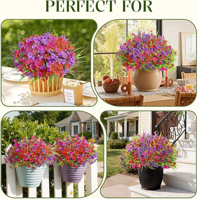 Alupssuc 36 Bundles Artificial Flowers for Outdoors Spring Planters Decoration, UV Resistant Faux Eucalyptus Violet and Lavender Silk Fake Plants for Outside Indoor Yard Home Patio Decor, Mix 3 Colors