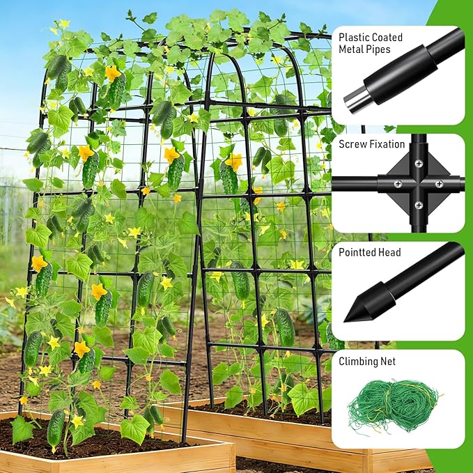 Garden Trellis Arch 7FT PP-Coated Stainless Steel Metal Extra Tall Cucumber Trellis Arch Garden Arch Trellis for Climbing Plants Outdoor Vegetable Trellis with Trellis Netting