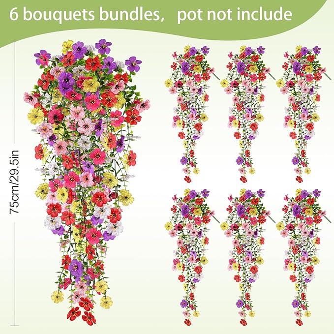 Artificial Flowers for Outdoors Spring Decor, 6 Bundles UV Resistant Realistic Fuax Silk Hanging Flowers, Fake Plants for Planter Indoor Outside Garden Porch Patio Balcony Yard(Mix