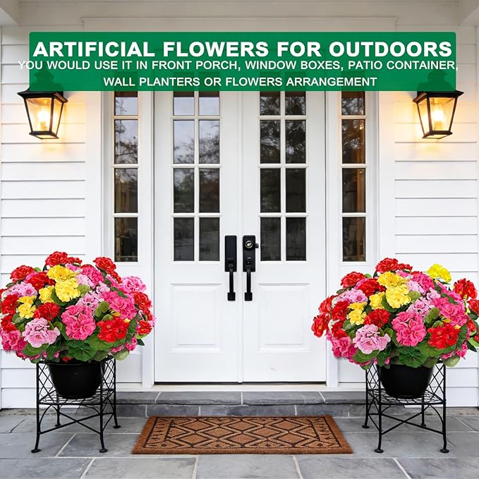 TURNMEON Artificial Geraniums Flowers for Outdoors Summer Decoration, 4 Bundles Fake Flowers Silk Color Flowers UV Resistant No Fade Faux Plants for Planter Gardens Table Porch Indoor Cemetery Decor