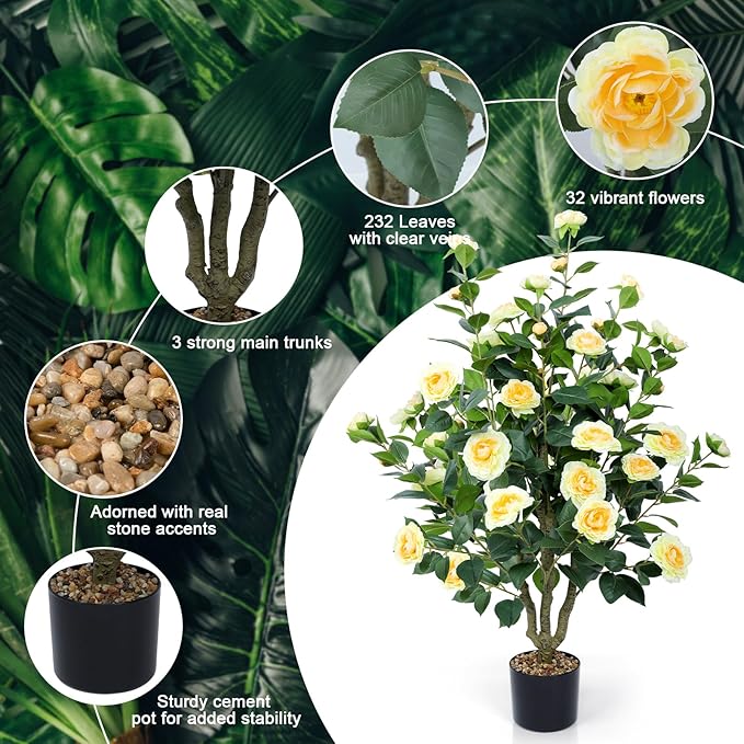 Artificial Camellia Tree 2 Pack 42" Faux Camellia Plant in Pot with 32 Blooming Flowers Fake Flower Tree Greenery Potted Plant for Indoor Outdoor Office Home Porch Decor Yellow