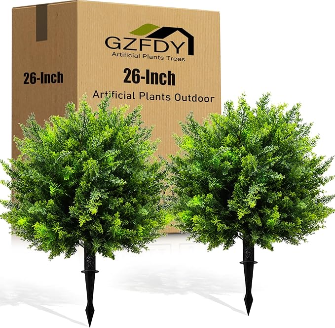 26-Inch Artificial Cedar Ball Trees (Set of Two) – Lifelike, UV-Resistant Decor for Indoor & Outdoor Use – Enhance Your Space with Vibrant Greenery