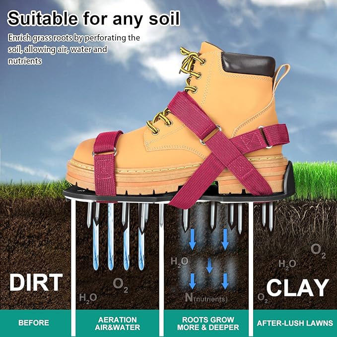 Lawn Aerator Shoes for Grass - Pre-Assembled Grass Aerator Shoes for Lawn - Soil Yard Aerator Tool for Aerating Patio Garden, Red, Medium Size