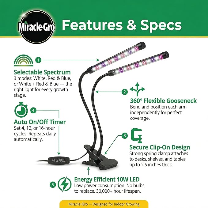 Miracle-Gro, Grow Light for Indoor Plants - 10W LED, Flexible 2-Head, Selectable Spectrum for Indoor Plants, Seeds, Herbs, Flowers, Plug-in Anywhere for Any Plant