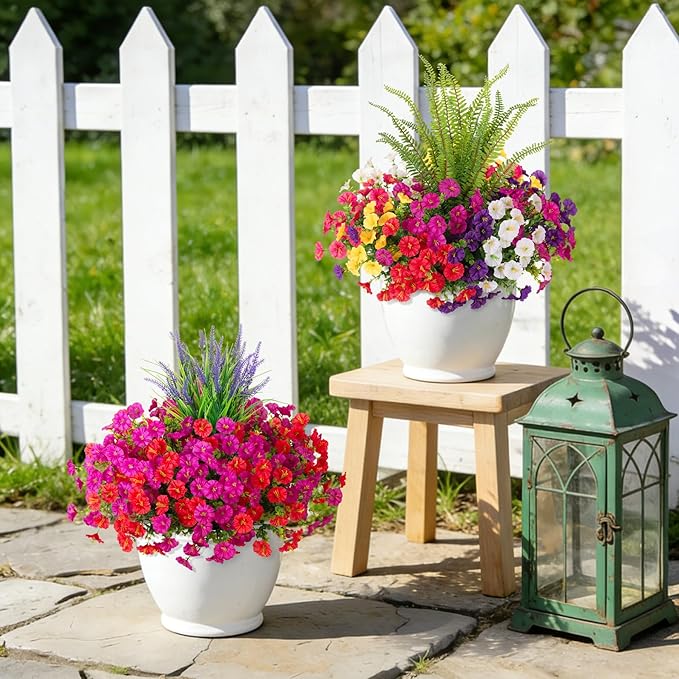 Artificial Flowers Fake Plants for Outdoors Decoration, 12 Bundles Silk Morning Glory with 2PCS Lavender Realistic UV Resistant Faux Spring Flowers for Outside Planter Yard Patio Garden Home Indoor