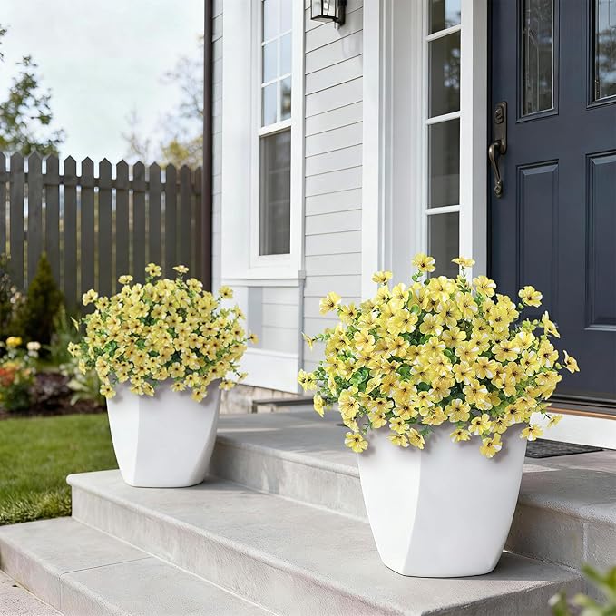 Artificial Morning Glory & Eucalyptus Topiary Trees - Set of 2 Faux Silk Flower Potted Plants, UV-Resistant Fake Outdoor Morning Glory Bushes for Front Door, Yard, Farmhouse, Garden Decor (Yellow)