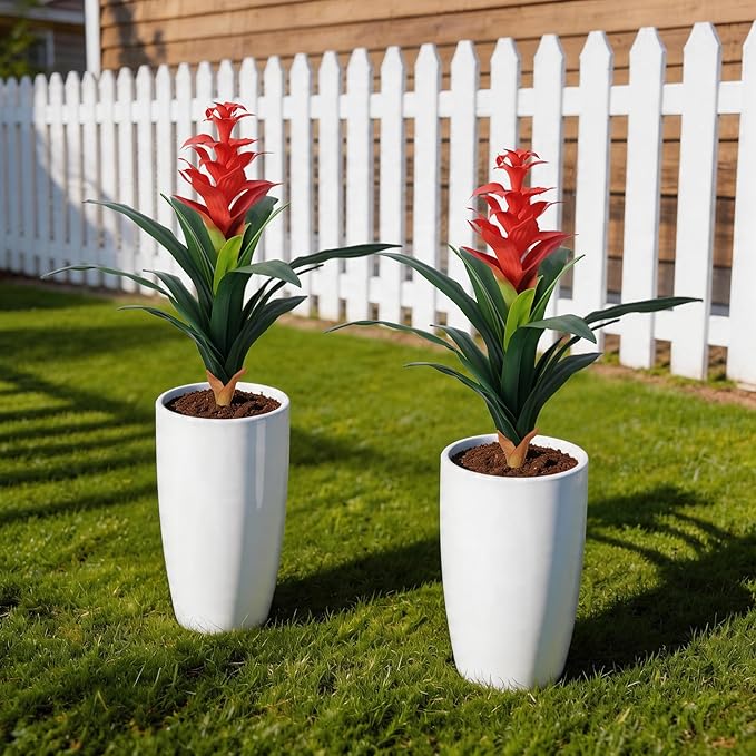 Ivydale Fake Flowers Plants for Outdoors, 2 Pcs 16.93" Bromeliad Artificial Flowers Uv Resistant Realistic Faux Flowers for Outdoor Planters Outside Porch Patio Yard Garden Indoor Decoration(Red)