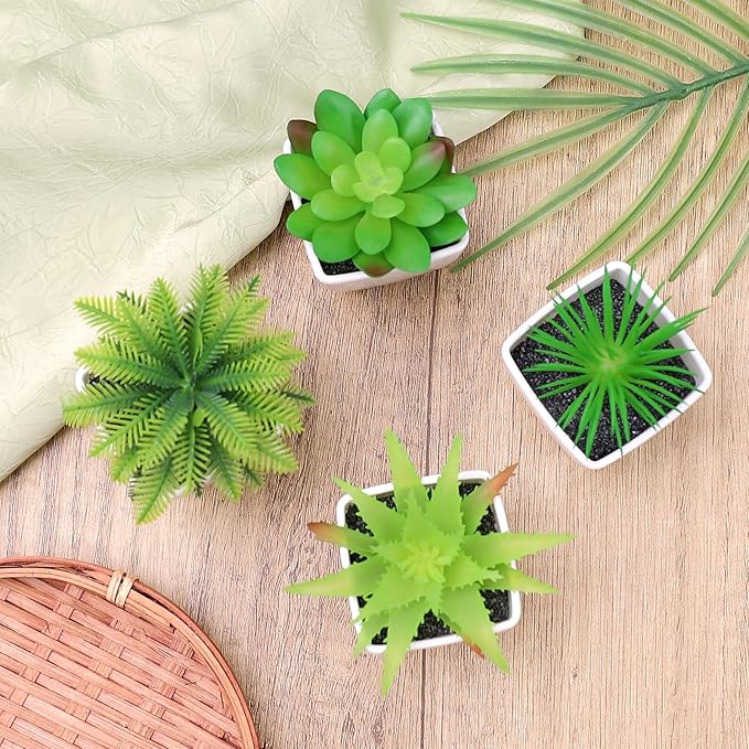 4 Pack Small Fake Plants Artificial Succulent Plants Assorted Fake Mini Succulents Plastic Plant Faux Potted Set for Home Decor Greenery Bathroom Shelf Room Indoor
