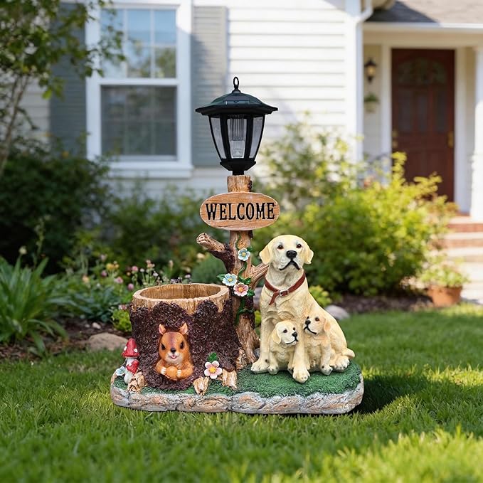 Animal Outdoor Statue Planter Solar Light Welcome Garden Sculpture Resin Flower Pot Decorative Porch Patio Yard Lawn Entryway Figurine with LED Lamp Rustic Plant Holder Ornament Courtyard (M)