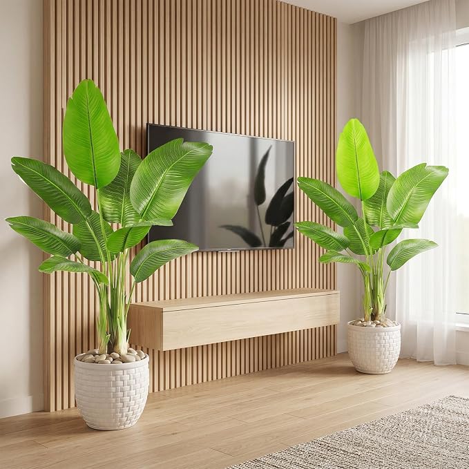 Birds of Paradise Plant Artificial, 4FT Fake Plants Faux Banana Leaf Tree with 9 Banana Leaves, Lifelike Tall Fake Tropical Palm Indoor Silk Floor Plant in Black Pot for House,Office,Room,Home Decor