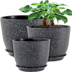 UOUZ 12/10/9 Large Modern Plant Pots, Plastic Planters with Drainage Holes and Saucers for Indoor Outdoor Plants Flowers, Black Speckles