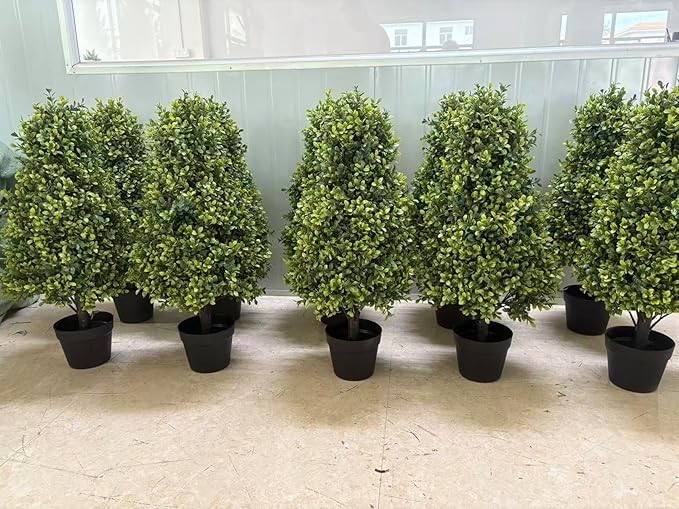 30" Artificial Boxwood Faux Plants Outdoor, UV Resistant Topiary Trees Realistic Cone-Shaped Fake Bushes and Shrubs Potted Fakeplants Set of 2 for Front Porch Patio Outside Planter Decor