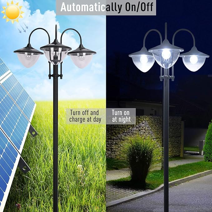 Outsunny 74.5" 3-Head Solar Lamp Post Light with Planter, Solar Pole Lights Outdoor Waterproof LED Lighting for Backyard Pathway Patio Lawn Driveway Decor, Black