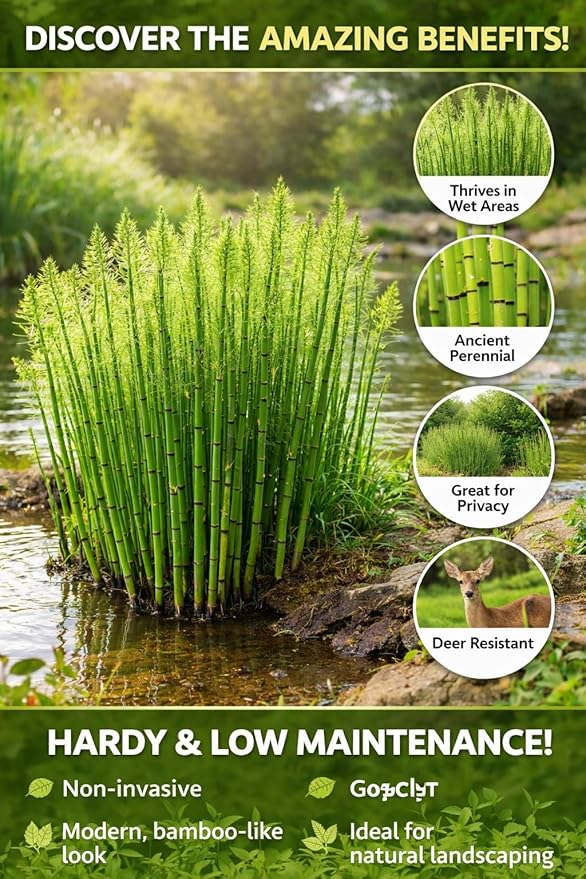 Horsetail Plant Cuttings (Equisetum Hyemale) – Live Rooted Starts for Ponds & Wet Areas – Hardy Perennial, Easy to Grow – Natural Privacy & Water Garden Plant (12 Cuttings)