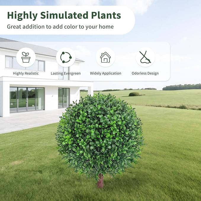 24.8" Artificial Boxwood Topiary Ball Tree with Ground Plugs [Set of 2] UV Protected Artificial Shrubs, Fake Evergreen Artificial Plants for Indoor and Outdoor Porch Garden