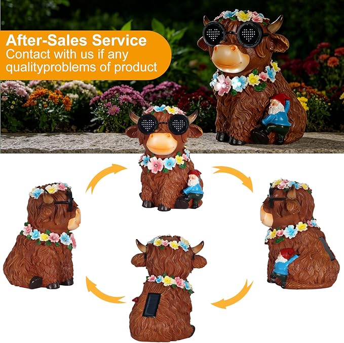 Solar Garden Statues Highland Cattle with Flower and LED Lights Birthday Gifts for Women Mom Grandma Solar Outdoor Decor for Patio Backyard Yard Lawn Decoration-Unique Housewarming Gifts