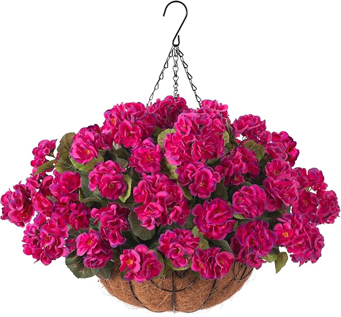 INSPRING Geraniums Artificial Flowers Hanging Basket for Outdoors Outside Spring Decoration, 8 Bundles Silk Flowers Fake Plants Look Real UV Resistant for Porch Home Patio Balcony Yard, Fuchsia
