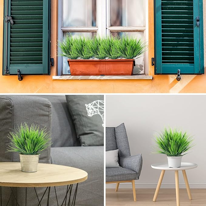 Ouddy Decor 12 Bundles Artificial Wheat Grass Outdoor UV Resistant Greenery Stems Plastic Shrubs for Garden Farmhouse Front Porch Window Box Home Decor
