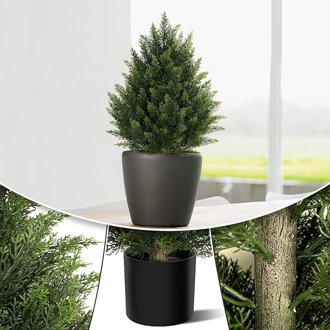 Vitalismo Outdoor Artificial Cedar Topiary Tree, Faux Evergreen Shrubs for Front Porch Decor, Lifelike Fake Bushes Plants for Home Living Room Front Door Decor (2, 2ft)