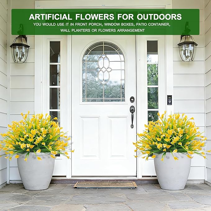 TURNMEON 12 Bundles Calla Lily (240 Heads) Artificial Flowers for Outdoors, Fake Plants UV Resistant Faux Plastic Fake Flowers for Indoor Planter Home Porch Yards Spring Summer Cemetery Decor(Yellow)