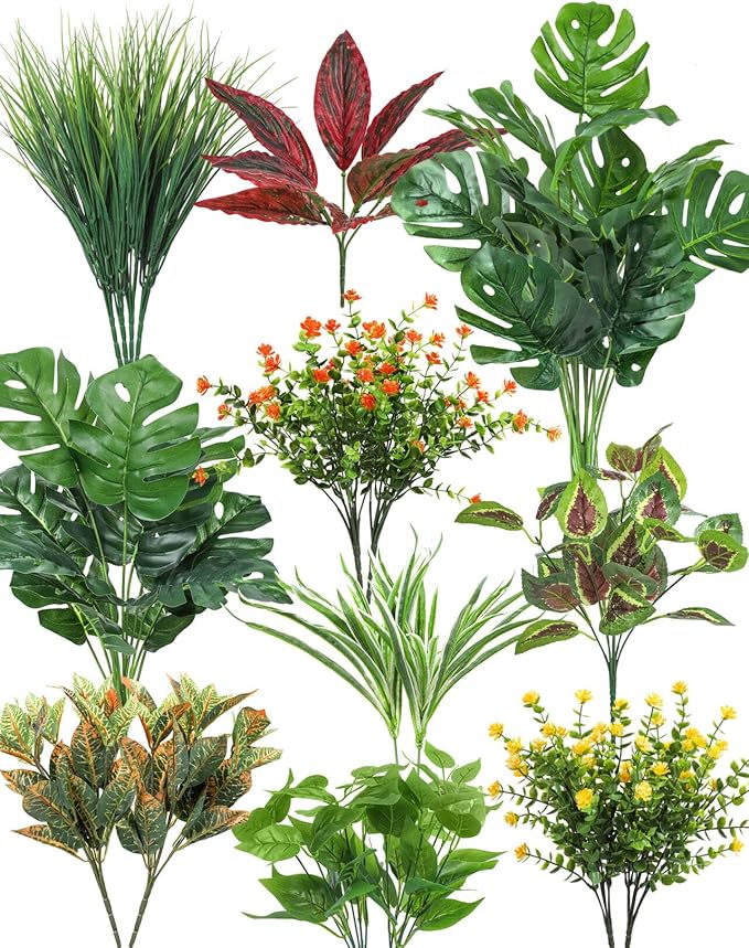 Ouddy Decor 18 Pcs Artificial Plants Outdoor, Fake Boxwood Plants UV Resistant Artificial Flowers Greenery Stems Faux Shrubs for Indoor Outdoor Porch Patio Garden Spring Summer Home Decor