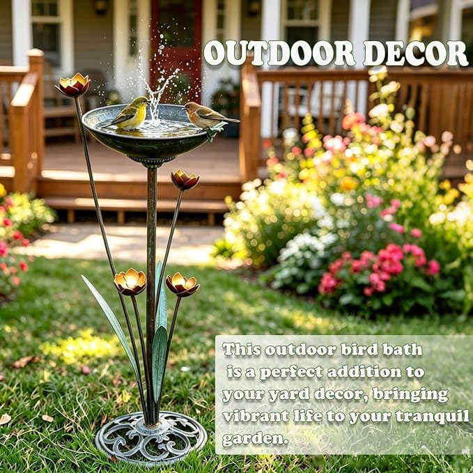 HOUYANG Diam 11.4" W x 32.3" H Cast Iron Pedestal Bird Bath, Bird Baths for Outdoors,Vintage Metal Bird Bath Garden Yard Decoration