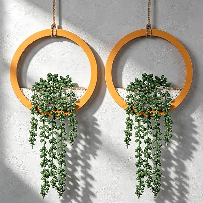 Boho Wall Decor, 2Pcs Fake Hanging Plants Artificial Succulents, Indoor Hanging Planter Greenery Decor, Perfect for Bathroom Living Room Bedroom Office Washroom, Faux Succulent Wall Floating Plants