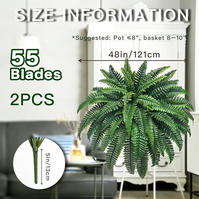 Senjie Artificial Boston Fern 2 Set 48Inch Large Fake Ferns for Outdoors Faux Plant with 55 Fronds for Home Living Room Office Decor