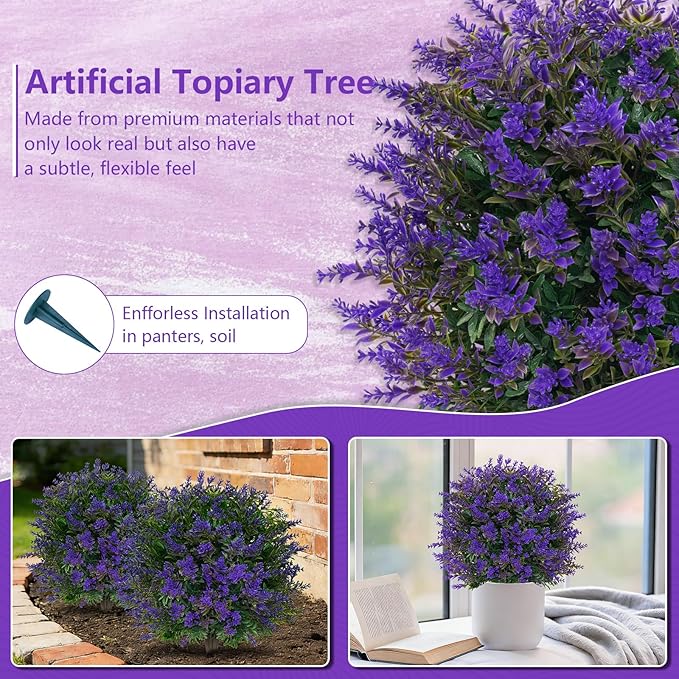 Grooy Artificial Lavender Topiary Ball for Outdoors, Set of 2 Boxwood Plant Tree with Spike, Fake Shrubs UV Resistant Faux Plants for Indoor Outdoor Decor
