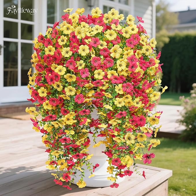 Artificial Hanging Flowers for Outdoors Spring Summer Decoration, 4PCS UV Resistant Silk Fake Hanging Plants for Patio Porch Front Yard Window Garden Indoor Decor(Hot Pink&Yellow,4PCS)