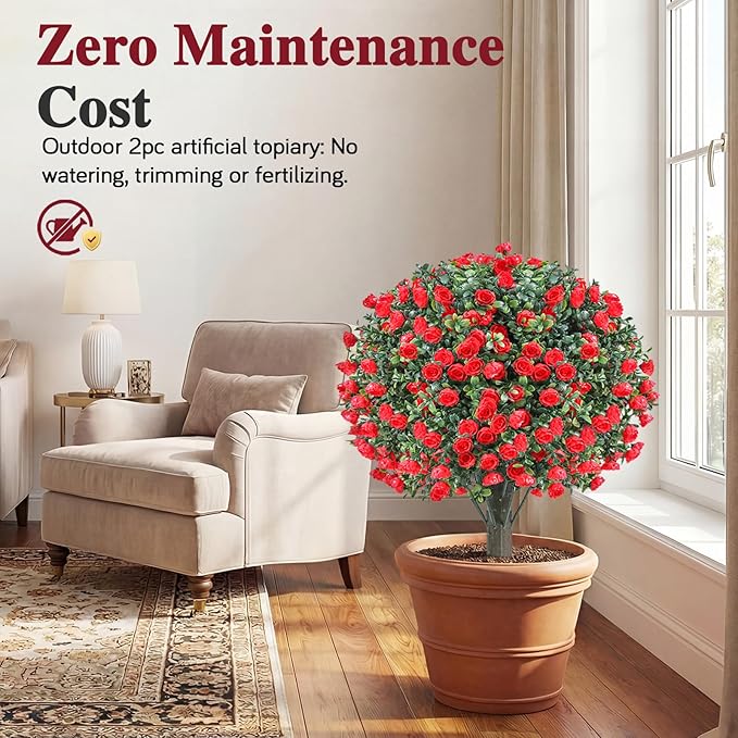 PATIO CHOICE Topiary Trees Artificial Outdoor Boxwood Ball Trees with Rose Set of 2 22" Fake Outdoor Plants Faux Bushes and Shrubs Decorations for Outdoor Indoor Front Porch Garden
