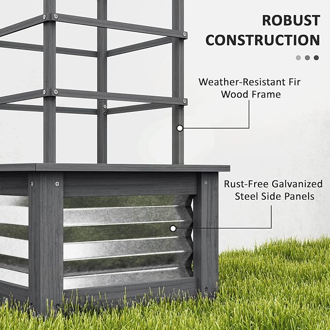 Outsunny Raised Garden Bed with Trellis, Wooden Planter Box with Galvanized Steel Sides, Raised Flower Bed for Climbing Plants, Flowers, Fruits and Vegetables, Gray