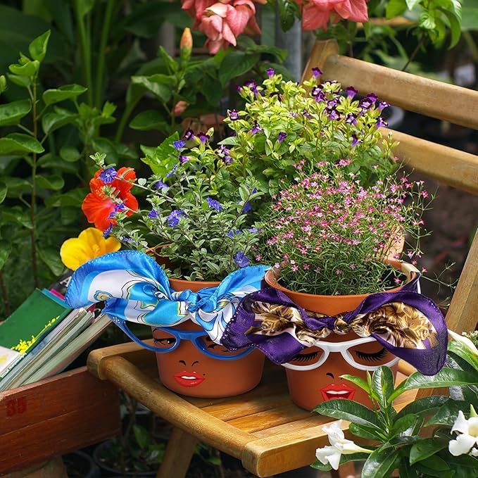 Sliner 6 Set Cute Face Flower Pot Head Planter Funny Plant Pots Painting Kit Include Glasses Silk Scarf Acrylic Paint Glasses Flower Sister Planter Easter Adults Art Painting Spring DIY Crafts