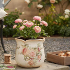 Ceramic Flower Vase, Rustic Farmhouse Vases & Planting Pots with Drainage, European Home Decor for Mantel Fireplace Bookshelf Wedding Centerpieces, Pink Rose Floral