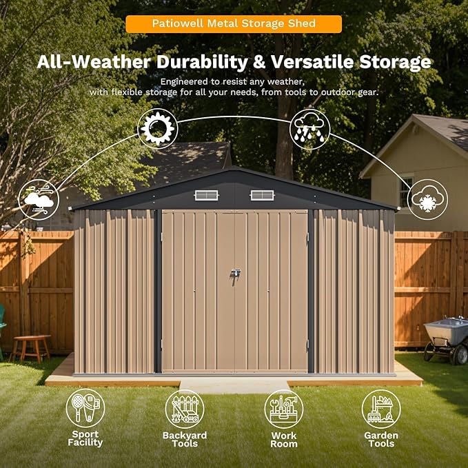 Patiowell 10x12 FT Storage Shed, Outdoor Metal Sheds with Lockable Door and Sloping Roof, Waterproof Outside Large Garden Tool Shed with Breathable Vents for Patio Lawn Backyard, Brown