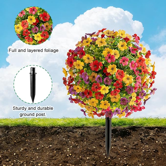 2 Set Artificial Violet Topiary Trees with Spike, UV Resistant Faux Shrubs Bushes Fake Greenery Plants Faux Flowers for Outdoor Indoor Front Door Home Decor