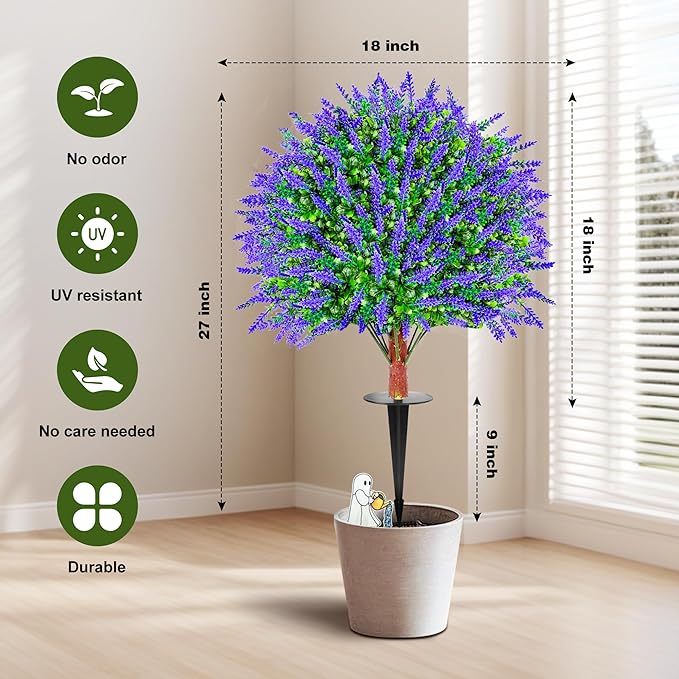 JTING' CHOISIR Set of 2 Artificial Lavender Boxwood Topiary Ball Trees with Ground Spike, 26 Inches UV Resistant Fake Evergreen Plant Bushes Shrubs for Indoor Outdoor Front Porch Garden (Lavander)