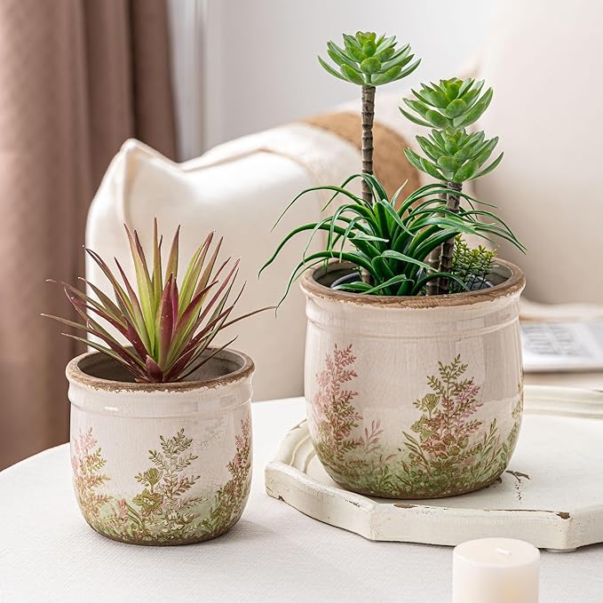 SURE YUESI for Mom from Daughter or Son, Vintage Pink & Green Ceramic Planter Set of 2, 4.7” & 5.7” Rustic Flower Pots for Indoor Plants, Decorative Home & Garden Plant Pots
