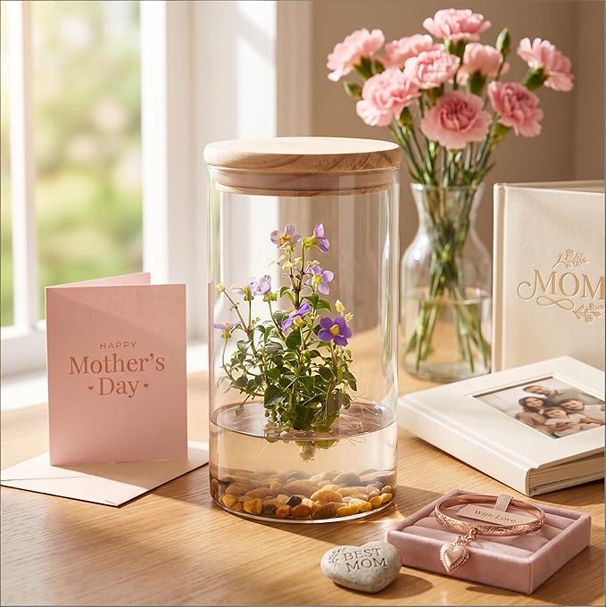 Bloomify Persian Violet (Exacum Affine) - Live Flower Terrarium in Self Sustaining Glass Jar, Maintenance Free, Great Unique Gift and Home Decor, 100% Growth Guarantee