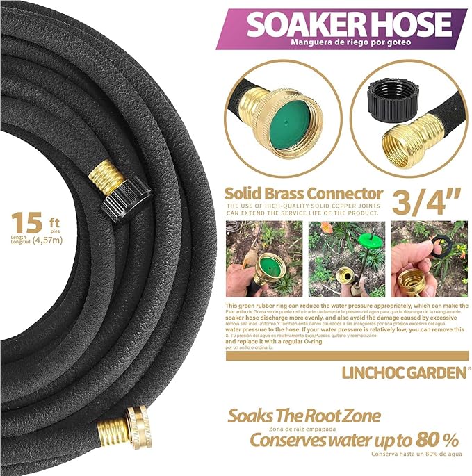 LICNCHOC GARDEN Soaker Hose 15 ft,1/2 INCH Flexible Durable Garden Hose for Efficient Watering, Leak-Proof Design 100% Recycled Rubber,Ideal for Lawns,Gardens & Flower Beds