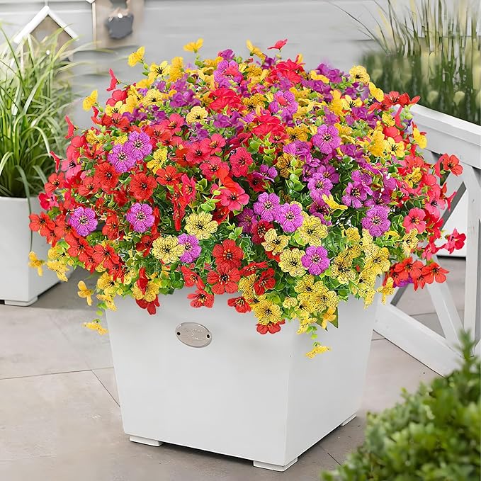 ADXORA 24 Bundles Artificial Flowers,Faux Plants for Spring Summer Decoration, UV Resistant Colorful Violets Eucalyptus for Outside Home Planter Porch Patio Yard Decor