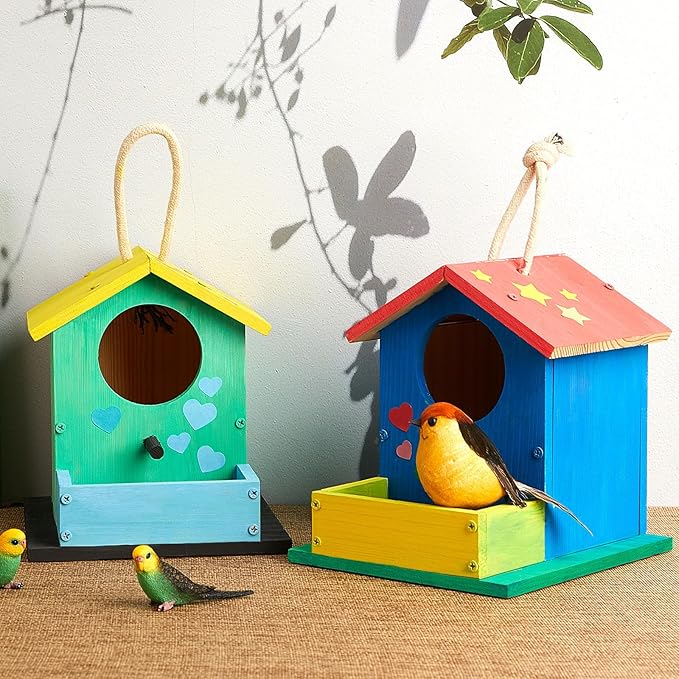 Liliful 1 Pack DIY Wooden Birdhouse Kit, Crafts for Kids and Adults, Bird House with Paint and Paintbrushes Painting Kits for Boys and Girls, Spring Birthday Classroom Gifts for Ages 4-8