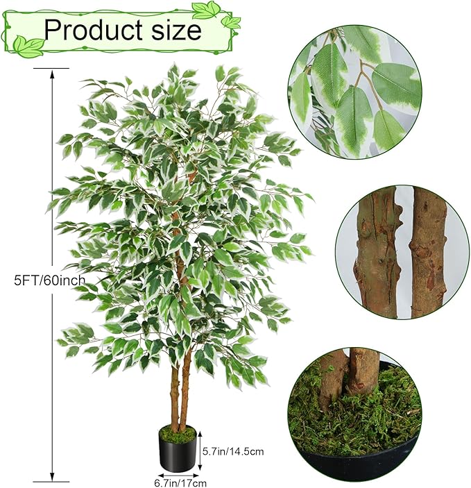 GTIDEA 2 Pcs 5ft Ficus Artificial Trees, Tall Faux Trees with Natural Trunk, Fake Silk Tree Artificial Plants for Home Decor Indoor Living Room Outdoor Balcony House Office (Included Dried Moss)