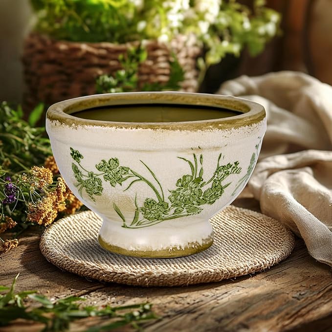 Dosayes Vintage Ice Crackle Grazd Ceramic Flower Pot with Drainage Holes, 4.33 Inch Rustic Planter for Indoor Plants, Outdoor Garden, Farmhouse Gift Tuscan Decor (Green)